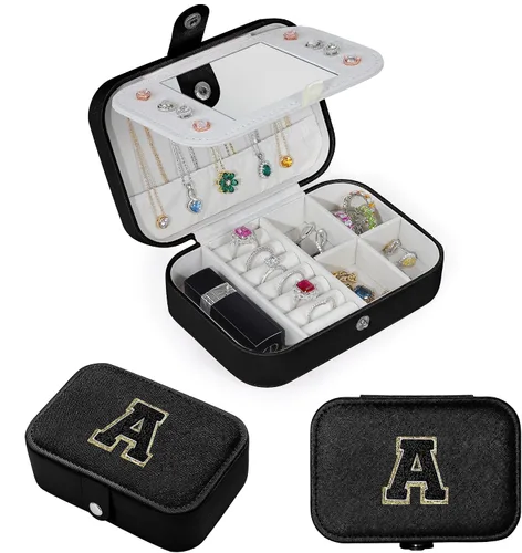 Vista 3 de Parima Joyero de viaje negro, estuche de viaje para joyería con inicial, organizador de joyas de viaje para regalos personalizados, estuche