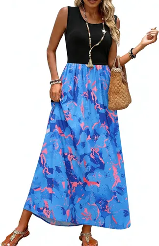 Vista 14 de Bluetime Vestido largo de verano para mujer, estilo bohemio, sin mangas, estampado floral (S-3XL)