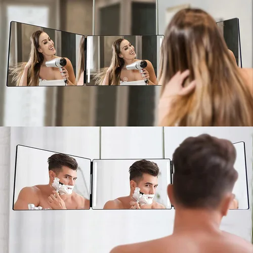 Vista 2 de HIEEY Espejo de 3 vías para corte de cabello con LED, espejo triple de 360 grados con ganchos telescópicos ajustables en altura y aumento de 5X