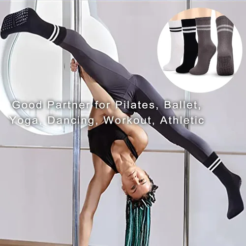 Vista 3 de 3 pares de calcetines de yoga con agarre para mujer, calcetines antideslizantes para pilates, entrenamiento, ballet, danza, calcetines de hospital