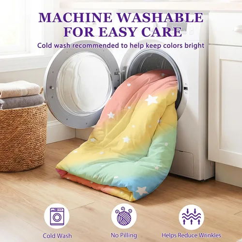 Vista 6 de Juego de ropa de cama arcoíris tamaño individual, edredón reversible de 5 piezas para niñas con sábana de bolsillo profundo, diseño degradado
