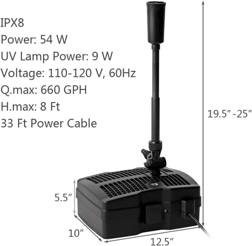 Vista 9 de Goplus Bomba de filtro sumergible 4 en 1, bomba de fuente de 660 GPH con terilizador S de 9 W y 3 boquillas, sistema de limpieza de estanques