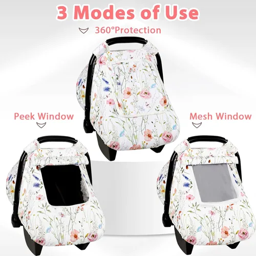Vista 5 de Funda de asiento de automóvil para bebé, antipatadas, toldo cálido de Minky para asiento de automóvil con ventana de malla, cubierta multiusos que