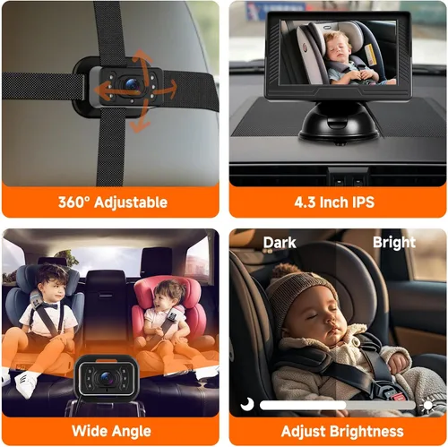 Vista 4 de VECHTEL Cámara de coche para bebé HD con orientación trasera para bebé con monitor de 4.3 pulgadas, visión nocturna IR, gran angular, fácil