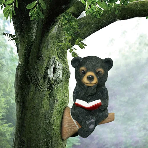 Vista 7 de HOMSFOU Escultura de árbol de estatua de oso con luz solar, divertida lámpara de libro de lectura de oso para césped, patio, patio trasero