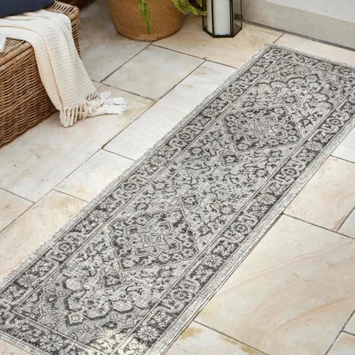 Vista 3 de JONATHAN Y Alfombra bohemia con medallón para interiores y exteriores, 2 x 8 pies, color gris/negro, tejido texturizado Rozetta para patio trasero