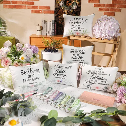 Vista 3 de Panelee 48 bolsas de cosméticos cristianos a granel para mujeres, bolsas de maquillaje con versículos de la Biblia, llaveros inspiradores, regalos