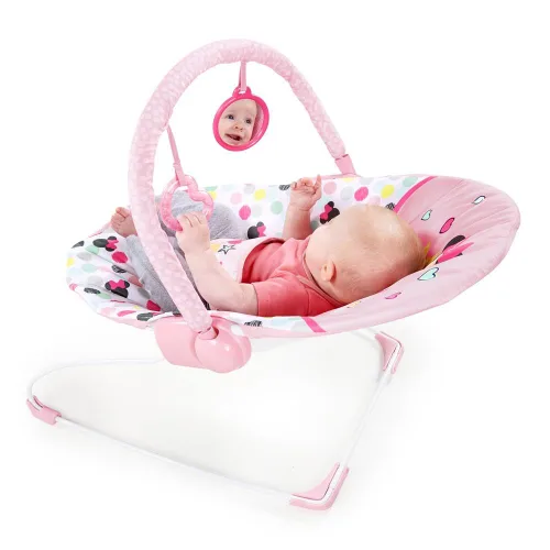 Vista 5 de Bright Starts Disney Baby Minnie Mouse Balancín para bebé con vibraciones relajantes y peluche Asiento para bebé - Barra de juguete extraíble, pies