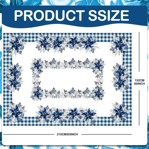 Vista 2 de Peryiter Mantel de Navidad Azul y Blanco de 60 x 84 Pulgadas Mantel de Navidad de Poinsettia Azul Decoraciones de Invierno Reutilizable Mantel