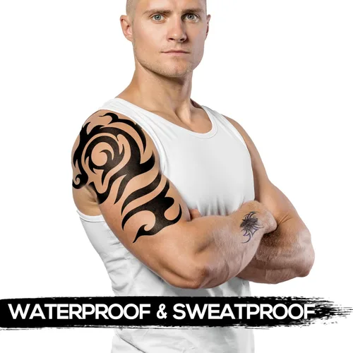 Vista 2 de 2 hojas grandes de tatuajes temporales para hombres y mujeres, impermeables, tatuajes falsos de arte corporal con diseño de tótem para el pecho
