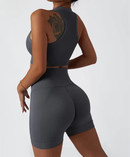 Vista 65 de Conjuntos de entrenamiento para mujer, 2 piezas, sin costuras, acanalada, sin mangas, brasier deportivo, cintura alta, pantalones cortos