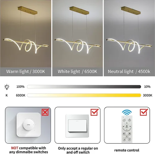 Vista 4 de Modern 59inch Led Chandeliers for Dining Room, Dimmable 3000k~6500k Remote Control Gold Spiral Shape Pendant Lights 50w Height Adjustable Hanging