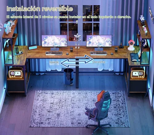 Vista 4 de HOOBRO BF18UDDN01 - Escritorio para juegos en forma de L, escritorio reversible para computadora de 46 pulgadas con luz LED y toma de corriente