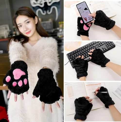Vista 2 de Bienvenu Paquete de 2 guantes calientes sin dedos para mujer,Guantes de felpa,Guantes de invierno Cosplay Bear Cat Paw