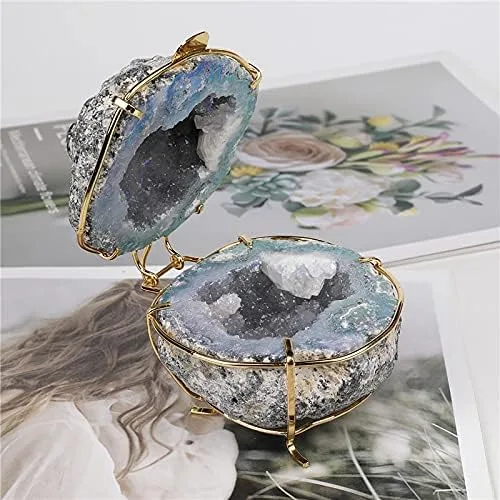 Vista 4 de BYVUTE Caja de anillos de geoda, joyero organizador con soporte dorado para exhibición, propuesta, compromiso, ceremonia de boda, regalo