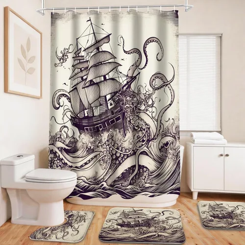Vista 20 de Cool Modern - Juego de portaaviones para niños con cortina de ducha náutica militar y alfombras de 20 x 31 pulgadas, accesorios de baño, decoración