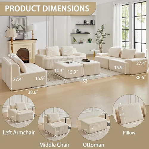 Vista 42 de Sofá modular modular con otomana móvil, sofá de asiento profundo con almohadas, cómodo sofá modular de nube para sala de estar, dormitorio y Blanco