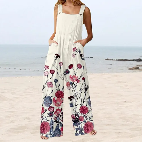 Vista 2 de Overol de algodón holgado para mujer, con estampado floral, bohemio, pierna ancha, con doble bolsillo, holgado, de algodón