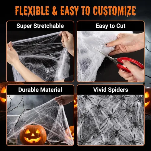 Vista 4 de MAQIHAN Telarañas de 1200 pies cuadrados para decoración de Halloween, telarañas de Halloween con 40 arañas falsas, telarañas súper elásticas