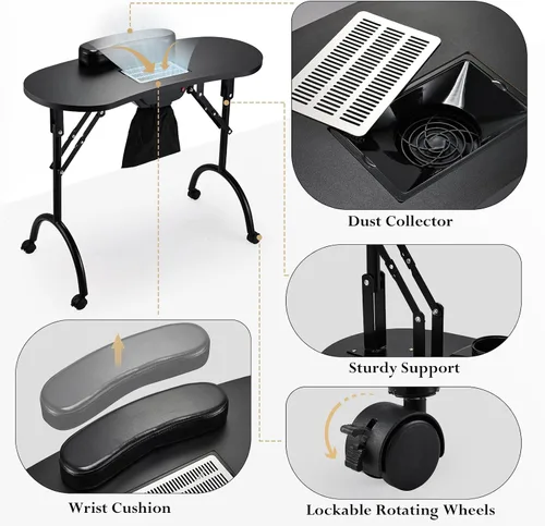 Vista 4 de Faquenc Mesa de manicura plegable para uñas con colector de polvo + estuche de maquillaje 4 en 1 rodante para estilistas móviles, artistas, salón