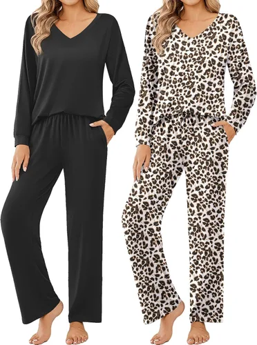 Vista 12 de Ekouaer Conjunto de 2 pijamas para mujer, pijamas de manga larga con camiseta y pantalones, cuello en V, pijamas suaves con bolsillos, ropa