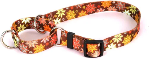 Vista 3 de Amarillo diseño de perro Martingale Collar, Grande, Marrón Flores rosa y verde azulado