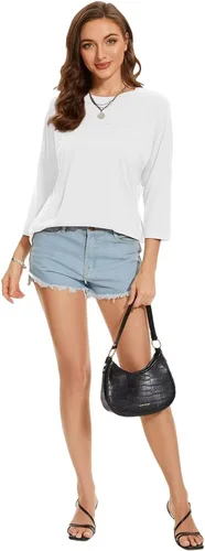 Vista 84 de ZENNILO Camisetas casuales de manga 3/4 para mujer, holgadas, cuello redondo, lindas camisetas básicas