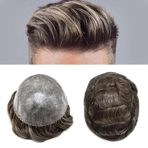 Vista 475 de Toupee para hombre 100% cabello humano real tupé para hombres 0.004 in piel de poliuretano para hombre, sistema de reemplazo de piezas de pelo