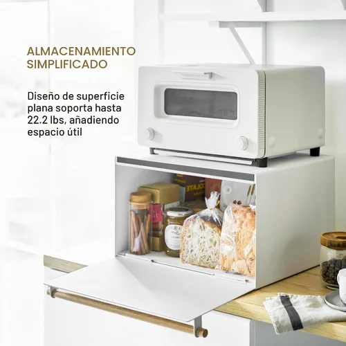 Vista 5 de YAMAZAKI Caja de Pan Moderna para el Hogar – Contenedor de Almacenamiento de Pan de Acero + Madera para Encimera, Caja de Pan Grande Blanca