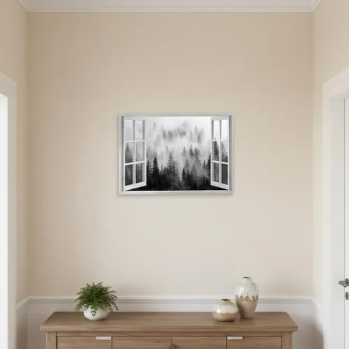Vista 5 de Arte de pared de ventana de pino: sala de estar, dormitorio, vista de bosque brumoso, pintura, impresión de paisaje brumoso, lienzo, baño, moderno