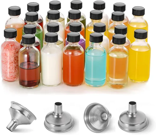 Vista 11 de Paquete de 6 botellas de vidrio ámbar de 2 onzas para extracto de vainilla, tarros redondos de vidrio marrón Boston a prueba de fugas con tapas