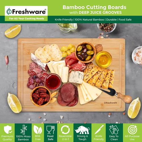 Vista 3 de Freshware - Tabla de cortar de bambú para cocina, ranura para jugos [extragrande]. Tabla para cortar carne, verduras, frutas, queso, bandeja