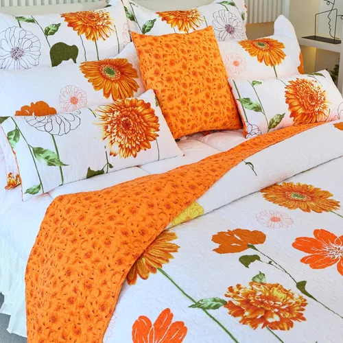 Vista 8 de EVENHUG Juego de Colcha de Algodón 100% Tamaño Twin Naranja Girasol Juego de Ropa de Cama Floral Colcha Ligera Reversible Cubrecama con 1 Funda