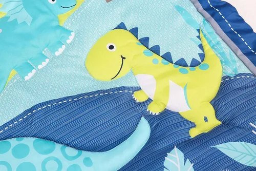Vista 5 de Juego de ropa de cama de cuna de dinosaurio azul T-Rex con temática de dinosaurio para bebé, juego de ropa de cama + sábana bajera + falda + cenefa