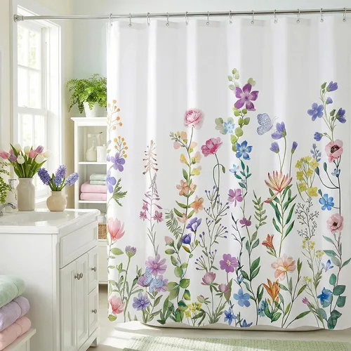 Vista 3 de Cortina de ducha floral de primavera, cortinas de ducha de plantas de flores silvestres para baño, cortina de baño de tela de poliéster impermeable