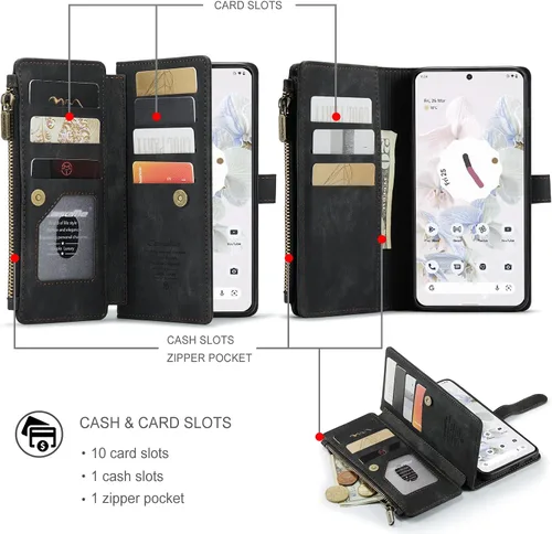 Vista 2 de JGY - Funda para Pixel 6A, Google Pixel 6A de piel de gamuza con cremallera y correa de cordón, Pixel 6A, monedero, cartera magnética para mujer