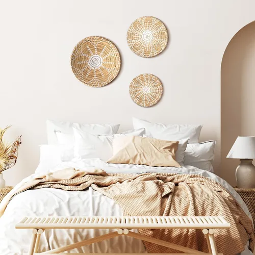 Vista 6 de Glenmal 3 piezas de decoración de cesta de pared estilo bohemio, cesta decorativa tejida de junco, decoración de pared de cesta de mimbre, arte