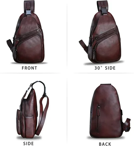 Vista 4 de LRTO Bolso de cuero genuino para hombres y mujeres, estilo vintage, de cuero auténtico, bandolera de hombro, bolso cruzado en el pecho, Café, Único