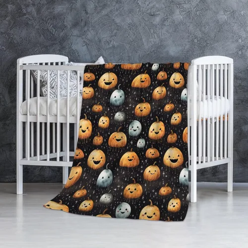 Vista 60 de Manta de Halloween para bebé, diseño de calabaza, fantasma, telaraña, súper suave, manta acogedora para recién nacido, manta de recepción para bebé