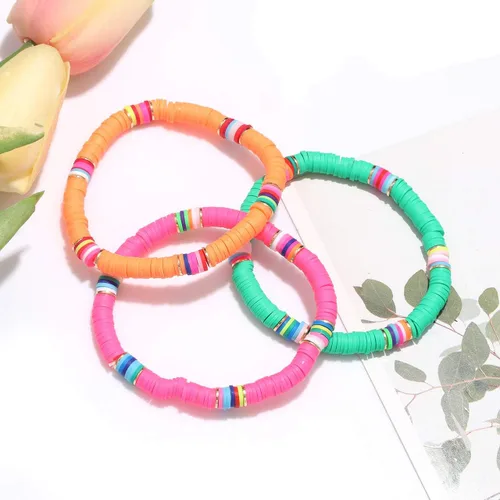 Vista 4 de NVENF Pulseras Heishi de arco iris para mujer, apilables, de vinilo africano, con cuentas, elásticas, bohemias, en capas, para surfistas, accesorios