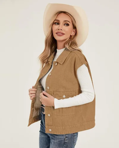 Vista 4 de luvamia Denim para mujer, de gran tamaño, con botones, sin mangas, chaqueta vaquera a la moda, casual, ropa de abrigo occidental con bolsillos