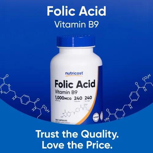 Vista 5 de Nutricost ácido fólico (Vitamina B9) 1000 mcg, 240 Cápsulas, 1 botella, 1