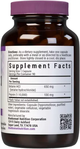 Vista 2 de BlueBonnet Betaína HCI Plus Pepsina Cápsulas Vegetarianas, 90 unidades Enzimas digestivas para mujeres y hombres; sin OMG, vegetariano, sin gluten