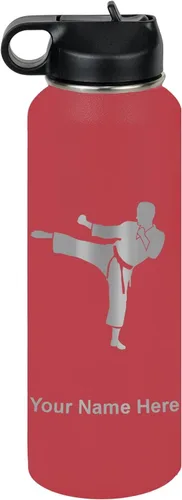 Vista 72 de Botella de agua personalizada LaserGram, Karate Man, de acero inoxidable con aislamiento al vacío de doble pared con tapa abatible, regalo grabado
