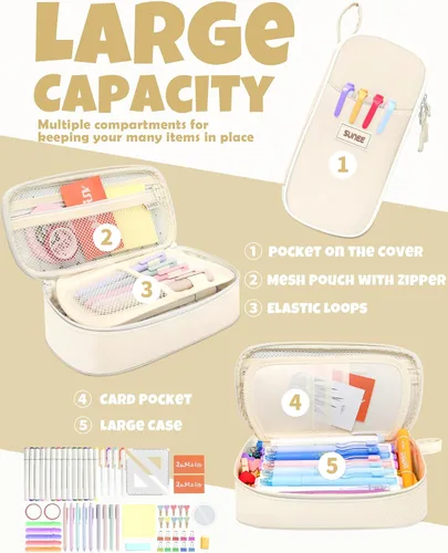 Vista 2 de Estuche Lindo para Lápices SUNEE, Funda Estética para Bolígrafos, Bolsa Grande para Lápices de Color con Cremallera, Almacenamiento y Organizador