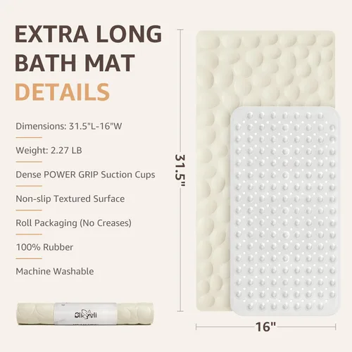 Vista 5 de Bligli Tapete para bañera antideslizante, estándar de 16 x 31.5 pulgadas, con ventosas fuertes, goma suave, antideslizante, lavable a máquina, Beige
