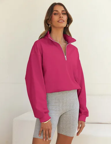Vista 8 de MEROKEETY Sudadera corta con cremallera de un cuarto para mujer, manga larga, cuello alto, con cordón