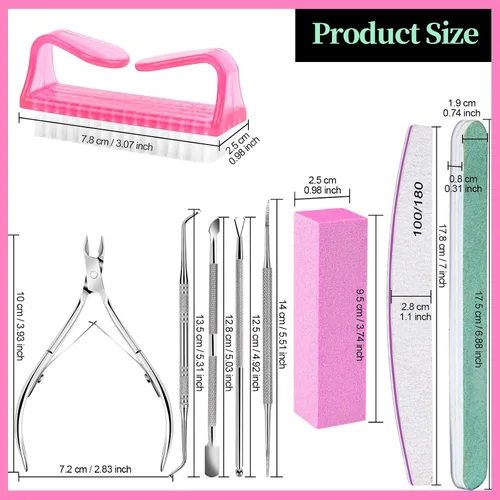 Vista 7 de FANDAMEI Kit de cuidado de uñas, limas de uñas 100/180, bloque de pulidor de uñas, pinzas de cutícula, cortador de cutícula, empujador de cutícula