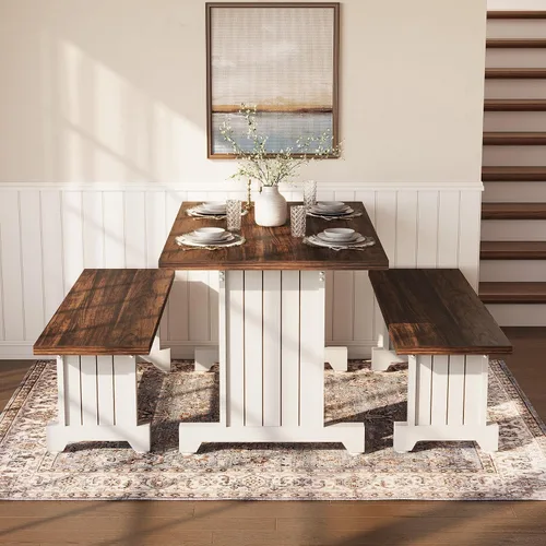 Vista 4 de LITTLE TREE Juego de mesa de comedor para 4 personas con 2 bancos, mesa de cocina moderna con tablero de MDF, comedor que ahorra espacio