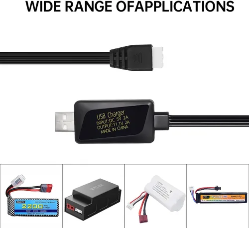 Vista 6 de Cargador USB de 2 piezas 3S 11.1V 2A para coches de control remoto, barcos, drones, pistolas de aire y juguetes a control remoto, cable de carga USB
